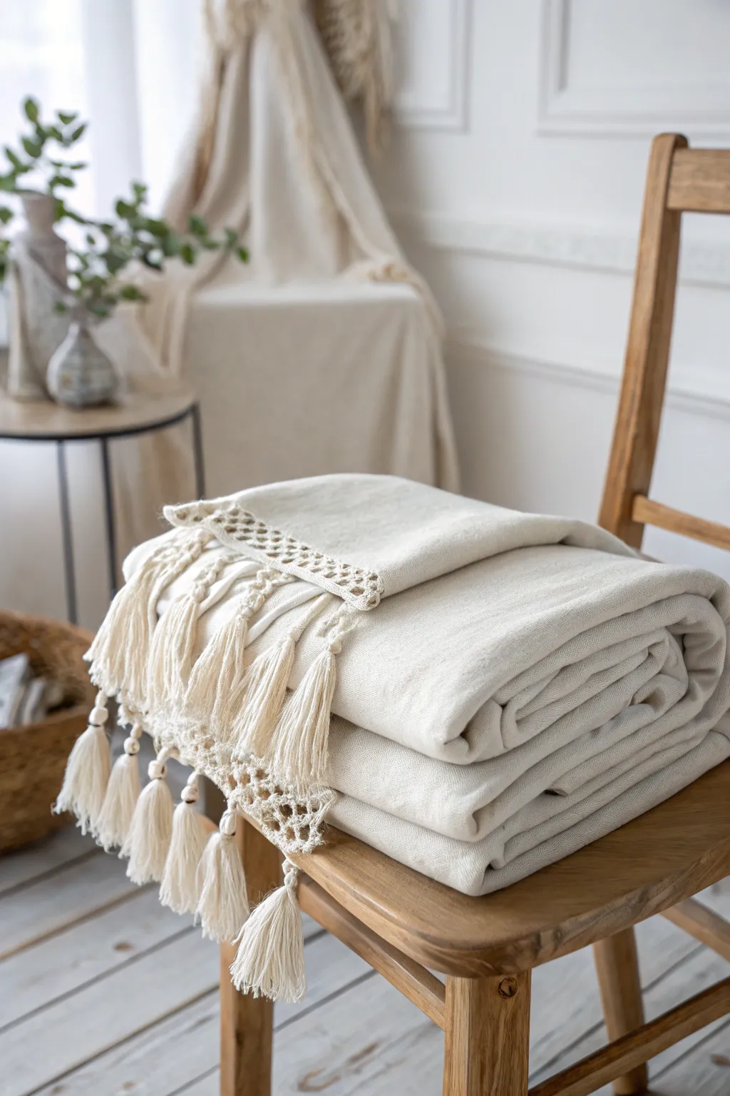 Wrap yourself in warmth and style with this chic fleece blanket adorned with boho tassels.
