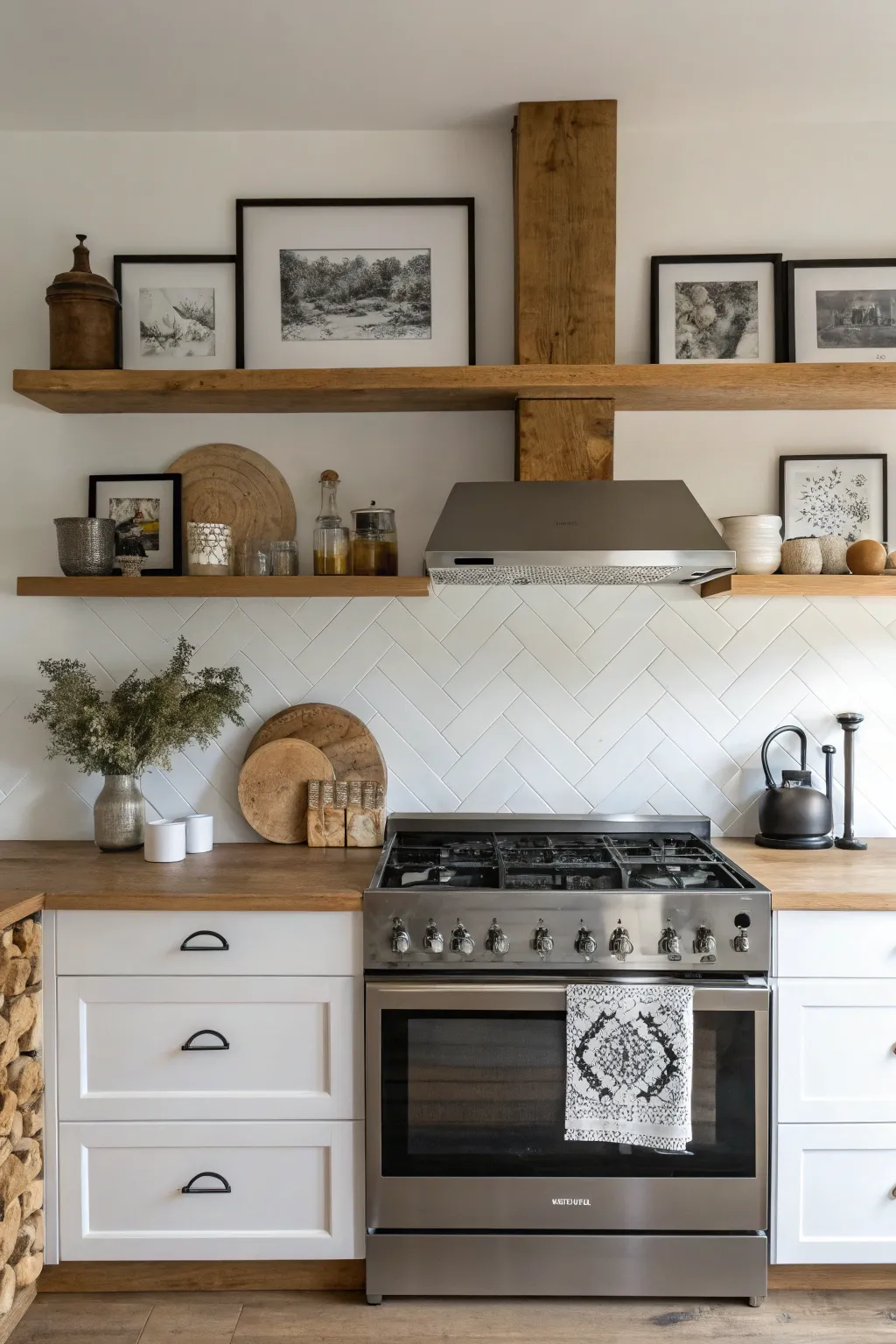 Transform your kitchen into a personal gallery with curated art and photos, bringing warmth and personality to minimalist design.