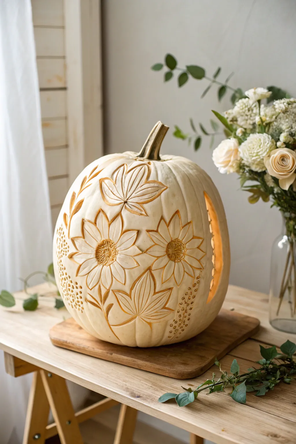 A garden of flowers carved into a pumpkin – where simplicity meets natural beauty.