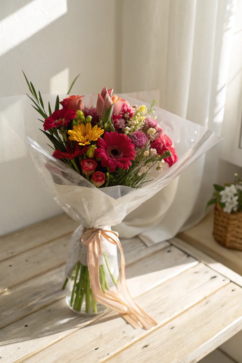 Embrace simplicity with a modern twist—cellophane wrapping that lets your bouquet’s colors shine.