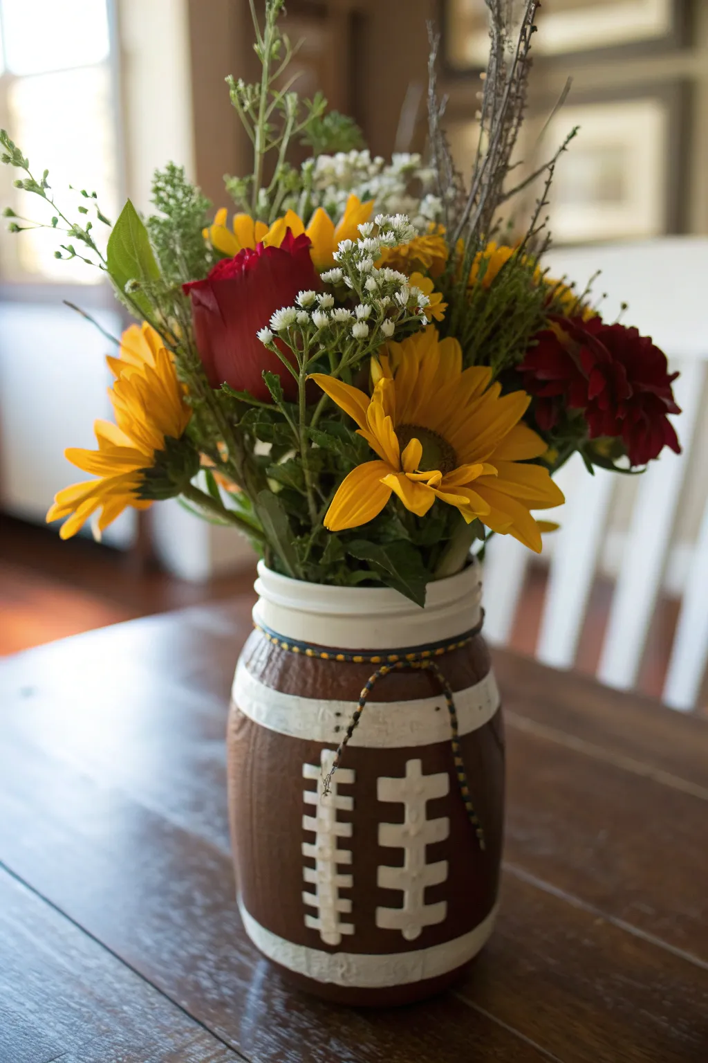 Elevate your game day decor with this charming football-themed mason jar centerpiece!