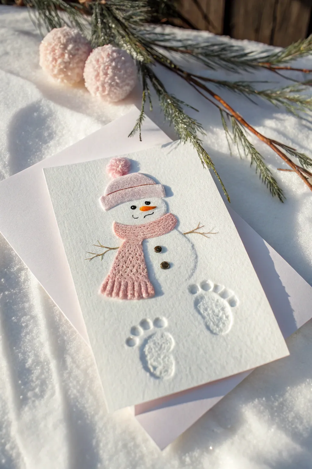 Embrace winter's charm with a minimalist footprint snowman card, where simplicity meets heartfelt warmth.