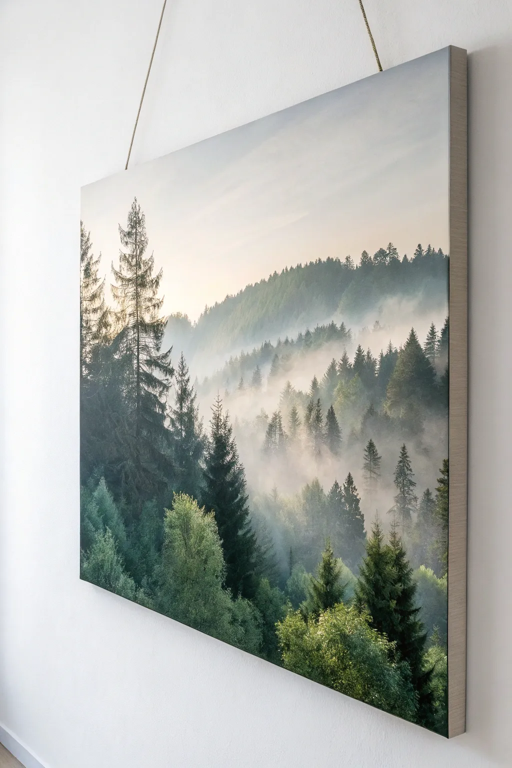 Embrace the tranquility of foggy mornings with this minimalist forest painting.