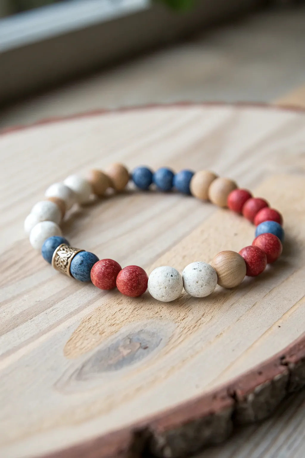 Celebrate Independence Day with a touch of bohemian elegance. This clay bead bracelet mixes textures for a unique, handcrafted look.