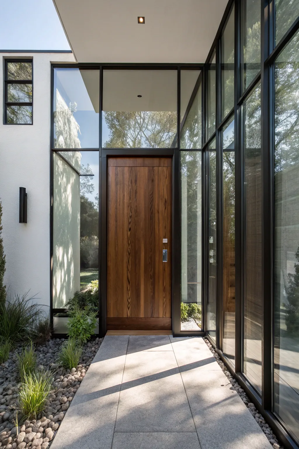 Elevate your entryway with the perfect balance of wood and glass for an inviting welcome.
