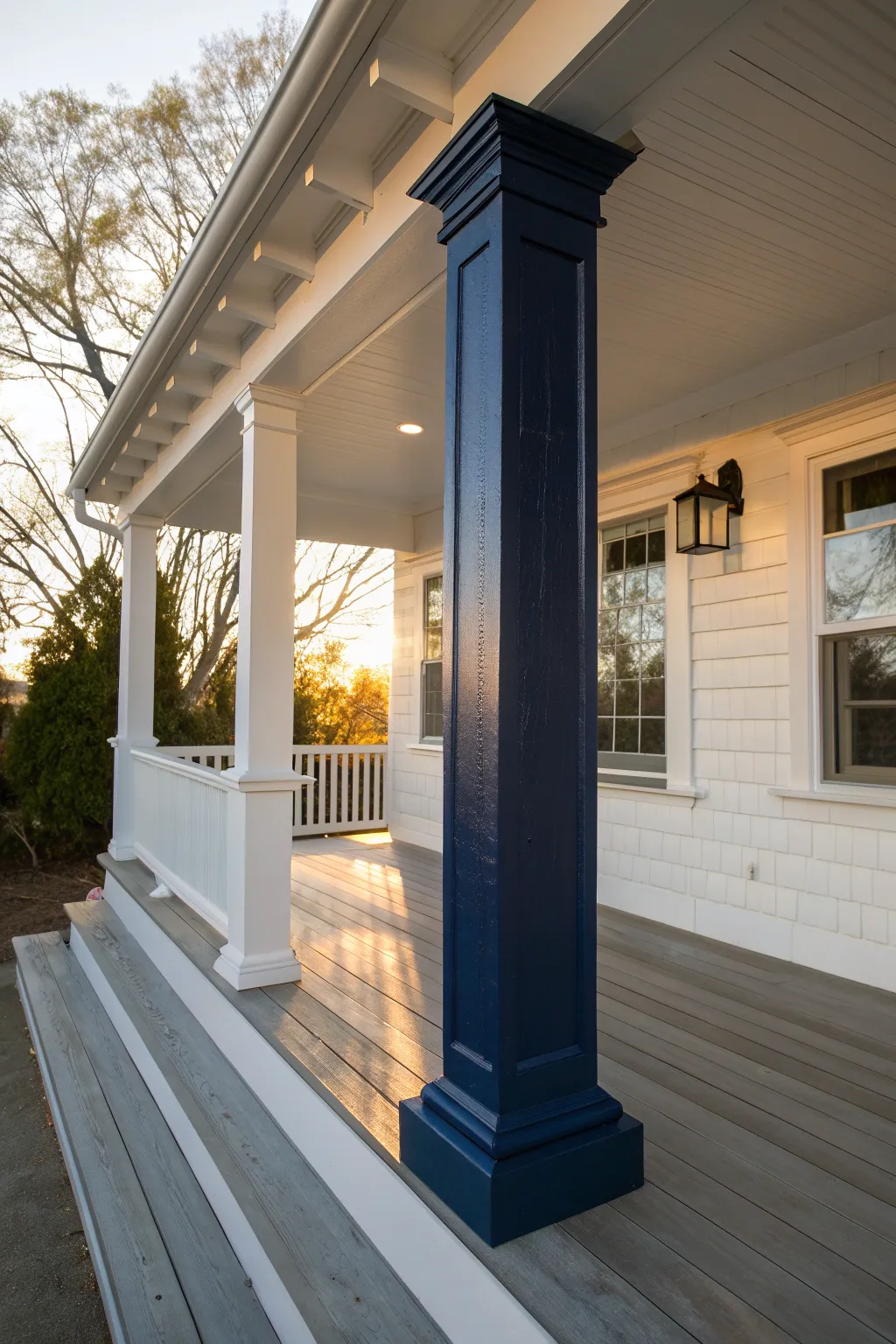 Elevate your porch with a bold navy beam—where style meets sophistication.
