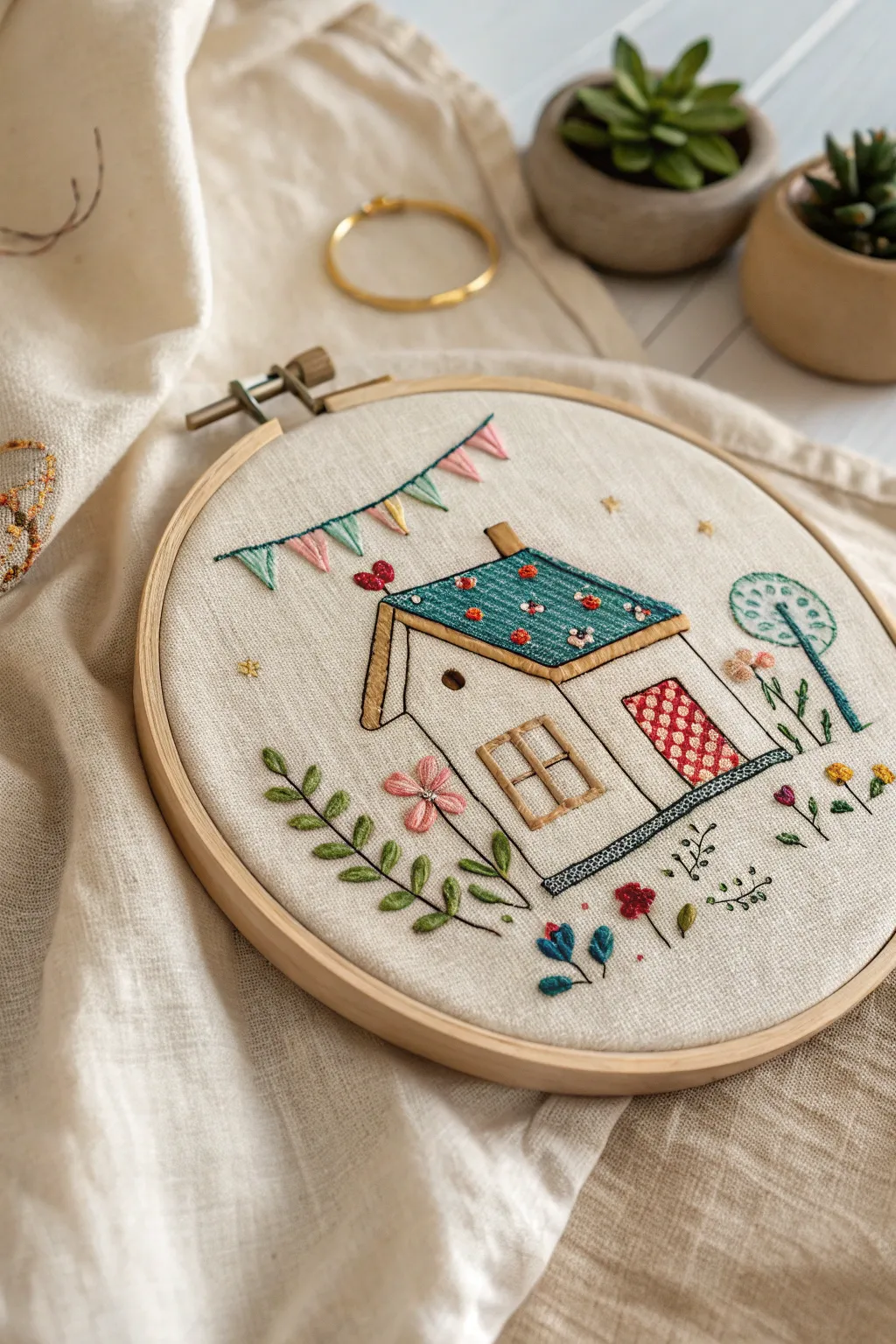Add a touch of whimsy to your decor with this charming embroidered little house!