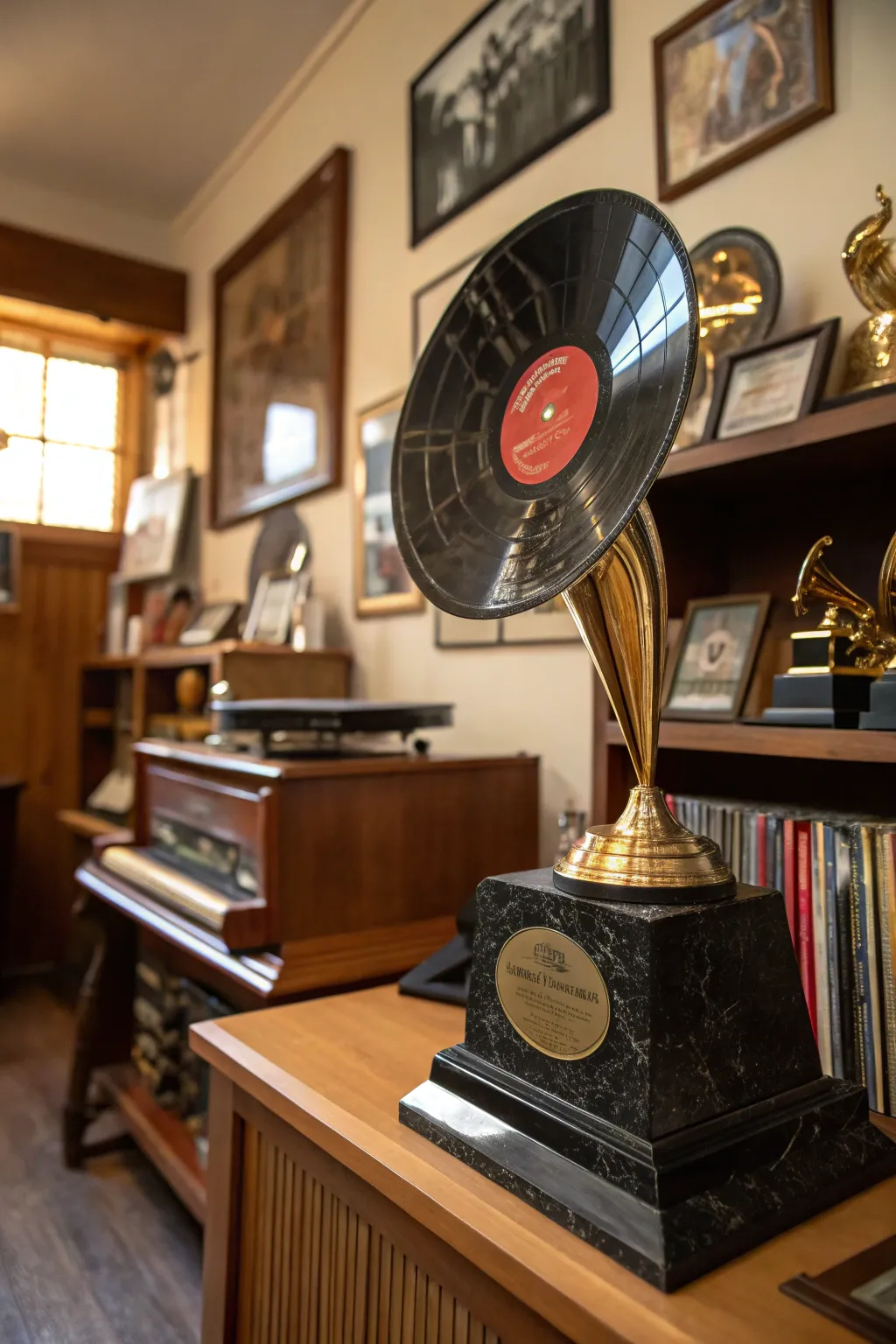 A broken record trophy for those unforgettable moments.