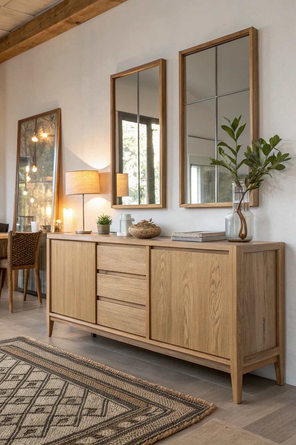 Transform your space with mirrored elegance: A sideboard that opens up your dining area with style.