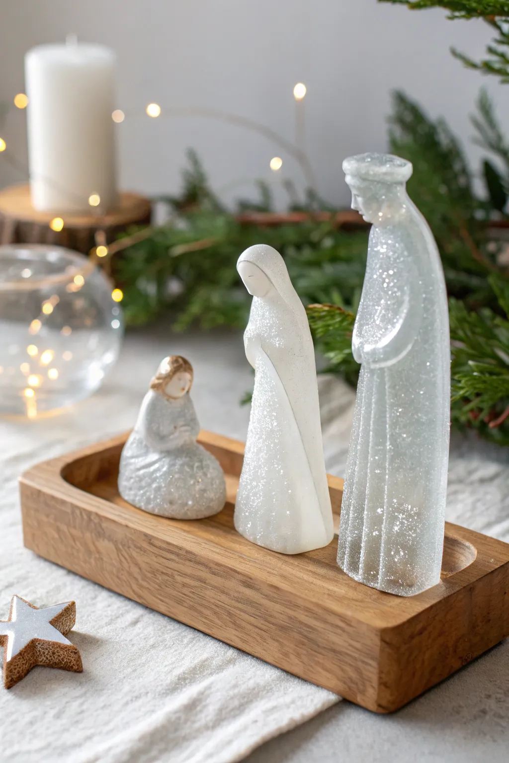 Elegance in Glass: A Minimalist Fused Glass Nativity Scene for a Timeless Holiday Display.