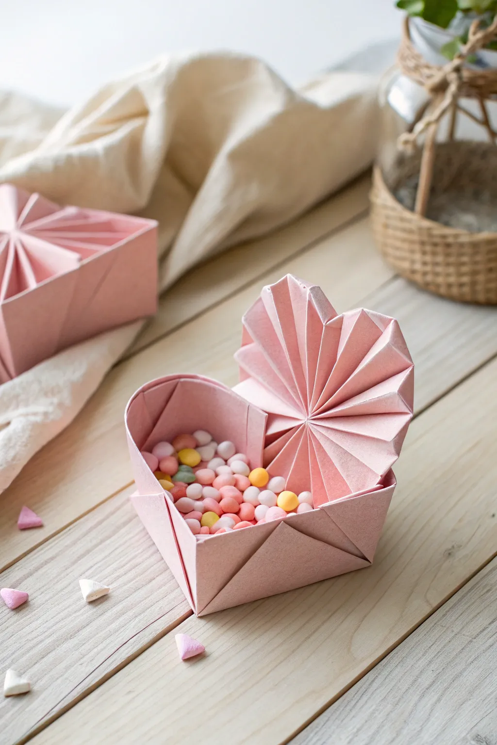 Charming simplicity: Handcrafted origami heart baskets to fill your Galentine's Day with love and sweet treats.