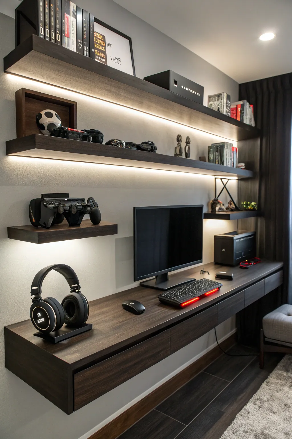 Elevate your gaming space with integrated shelf solutions—where style meets efficiency.