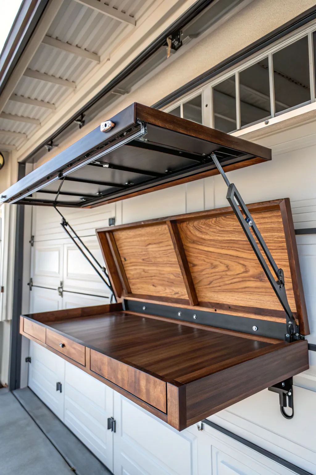 Maximize your garage space with a stylish fold-down rafter workbench.