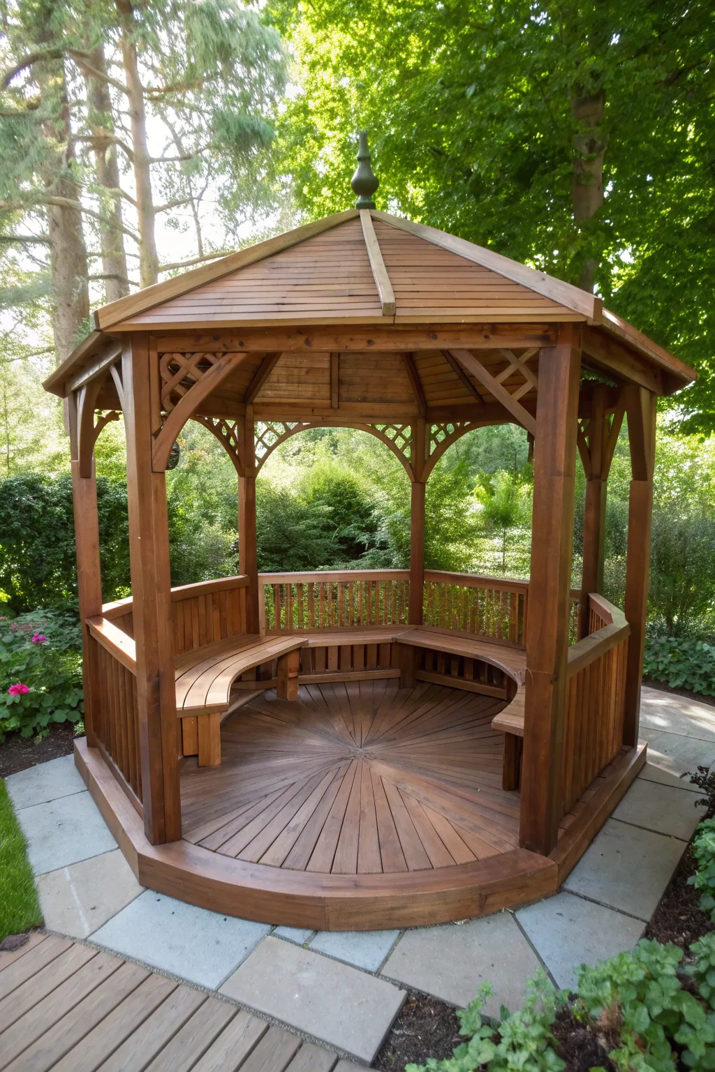 Discover the charm of built-in seating for a perfect gazebo retreat.