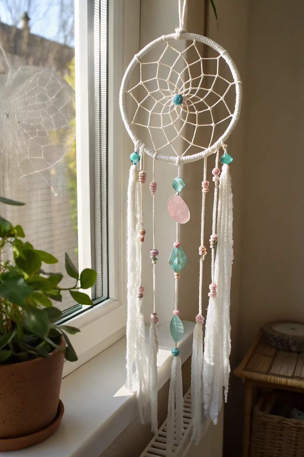 Capture serenity with a gemstone chip dreamcatcher that sparkles in the morning light.