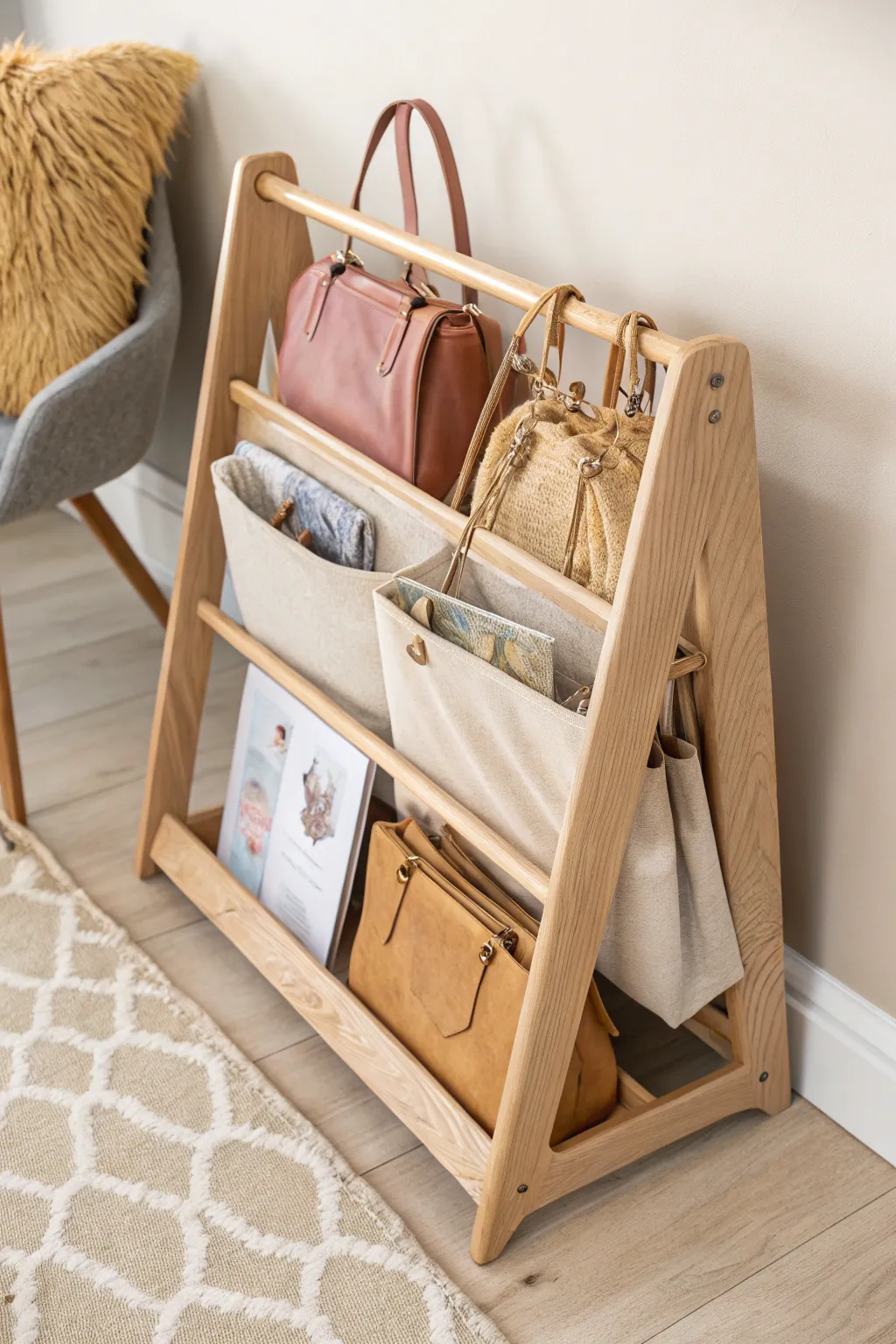 Transform your space with this chic handbag storage hack: repurpose a magazine rack for a touch of minimalist elegance.