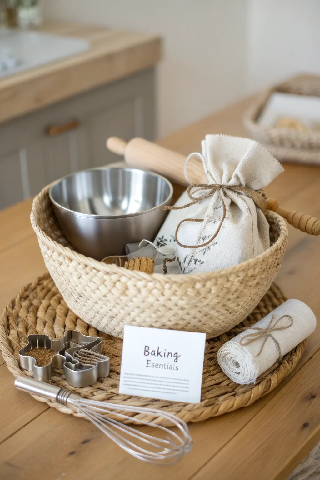Bake with love and simplicity: Create a heartfelt gift basket with essential baking tools and a personal recipe touch.