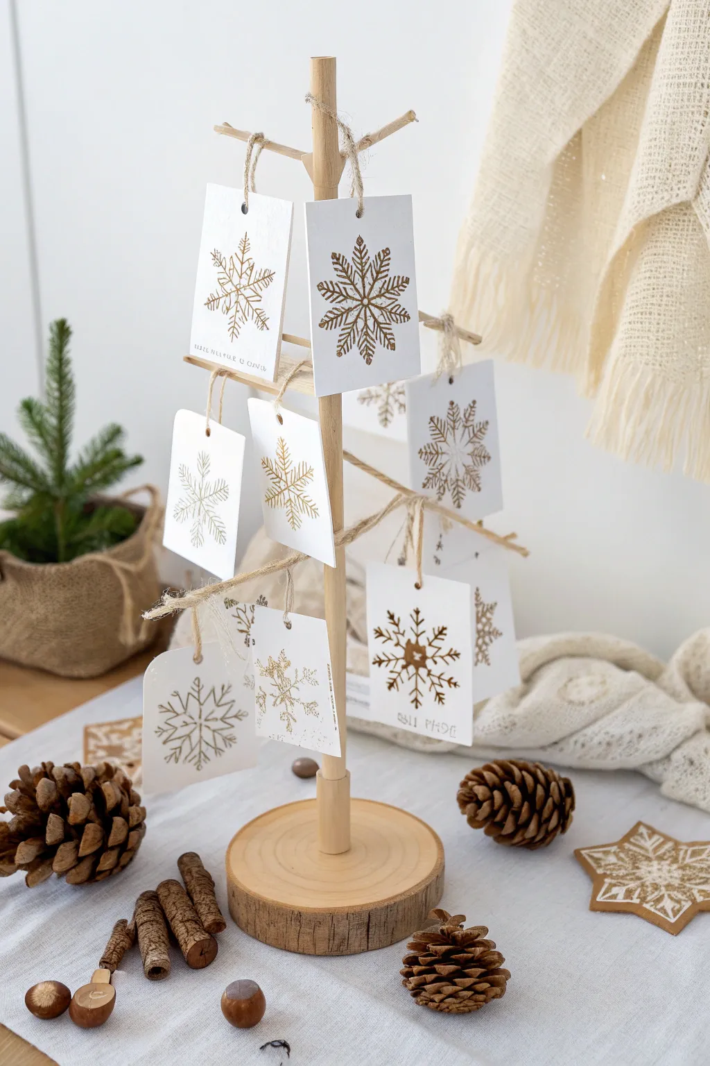 Embrace the season with a minimalist gift card tree, adorned with charming snowflake tags for a touch of winter magic.
