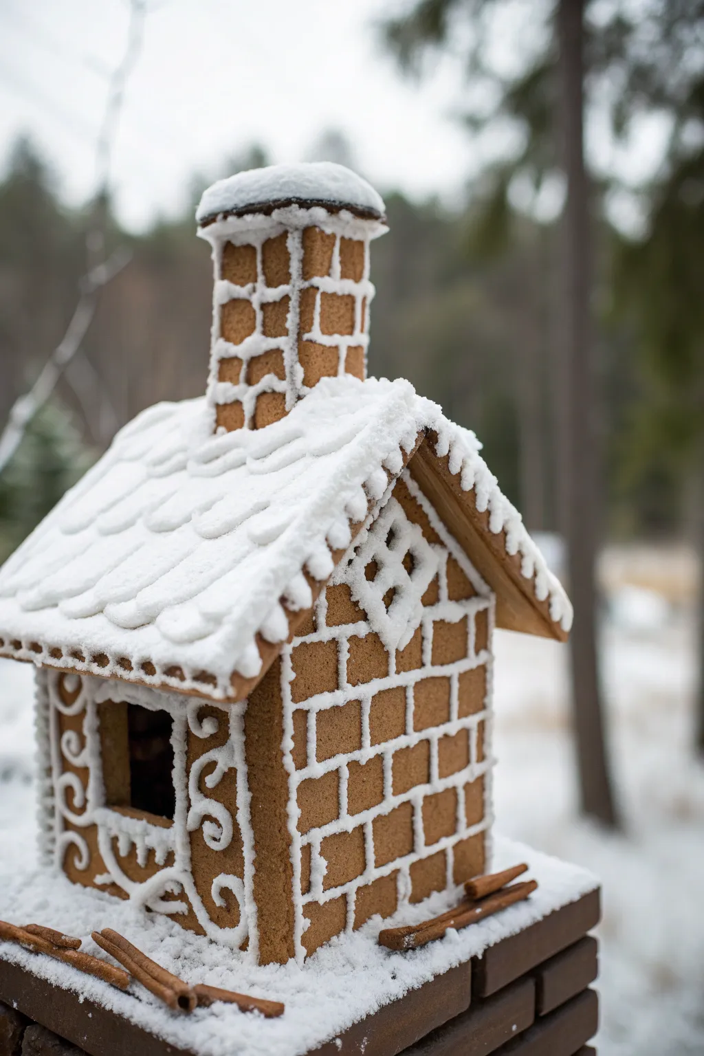 A touch of winter magic: snow-kissed gingerbread chimney for a cozy holiday vibe.