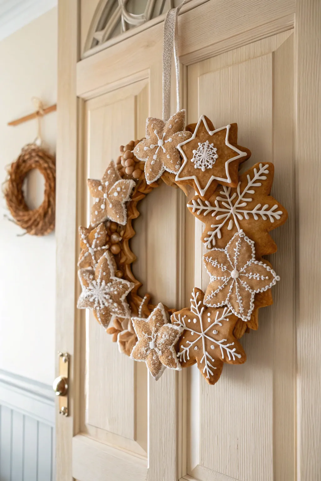 Welcome warmth with a charming gingerbread wreath that celebrates simplicity and craftsmanship.