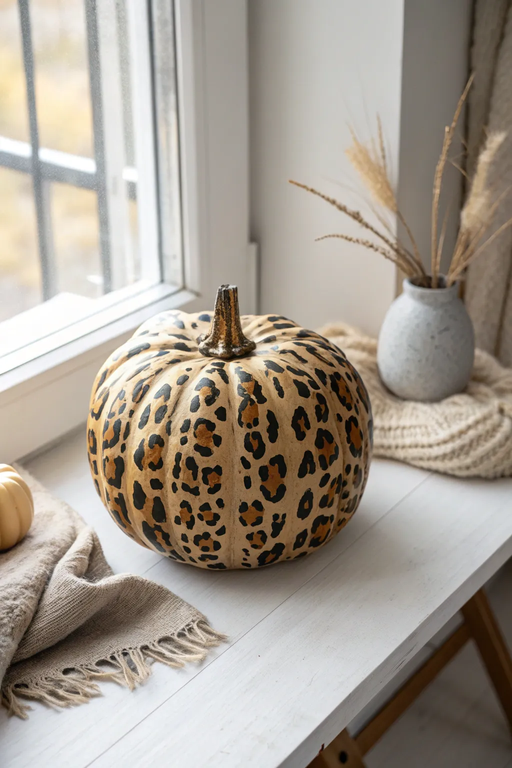 Unleash your creativity with this chic cheetah-print pumpkin, perfect for adding a wild touch to your minimalist decor.