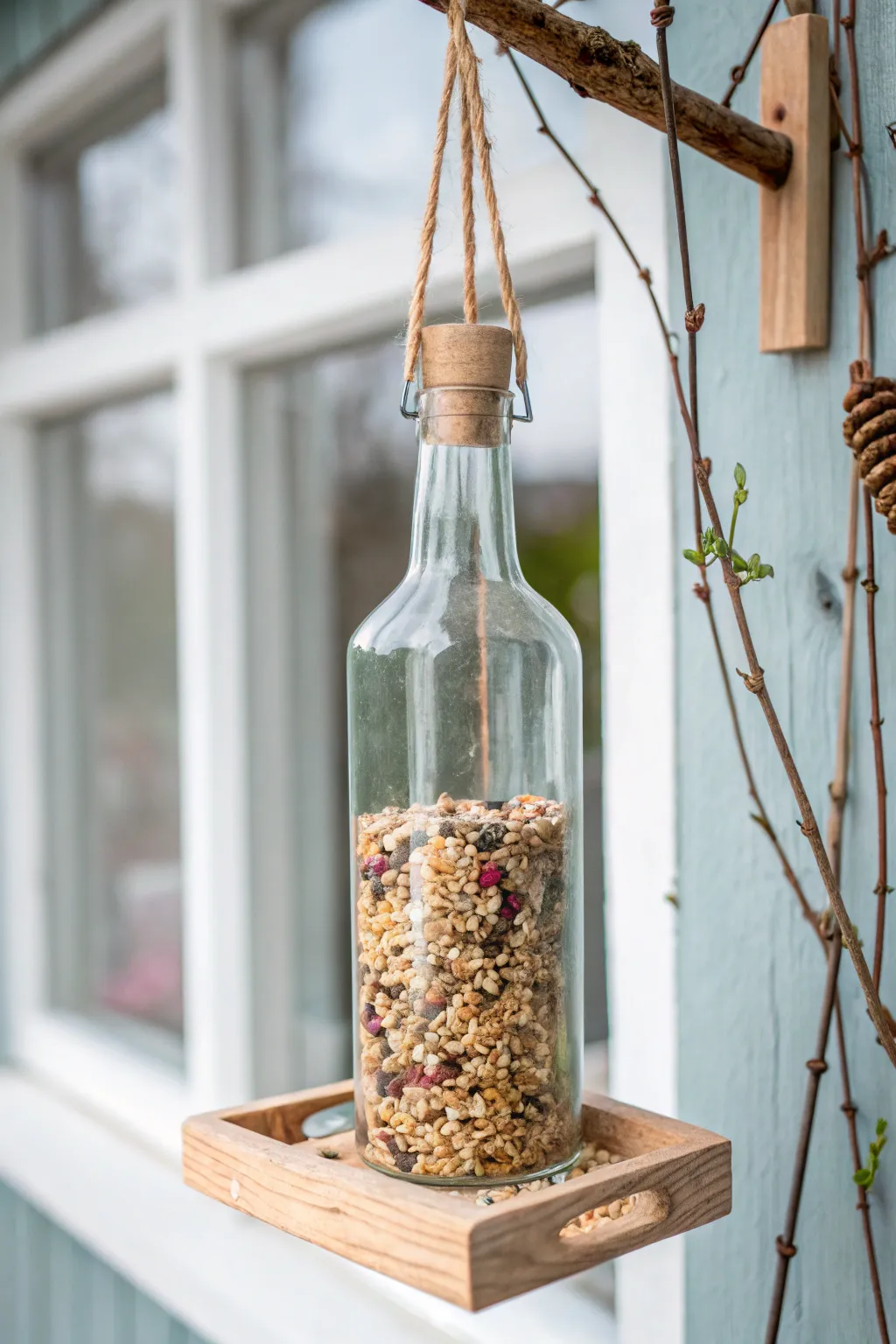 Invite nature with style: A minimalist glass bottle bird feeder perfect for your serene garden escape.
