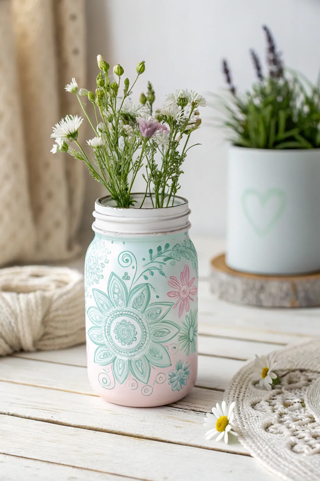 Transform everyday mason jars into pastel-painted masterpieces for a touch of rustic elegance.
