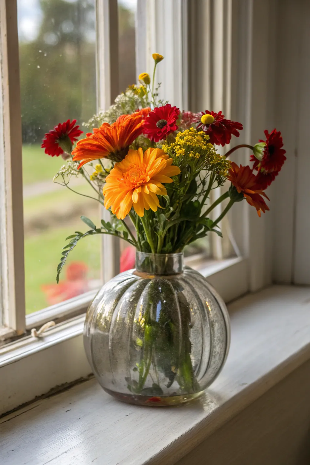A glass pumpkin vase adds a unique twist to floral displays.