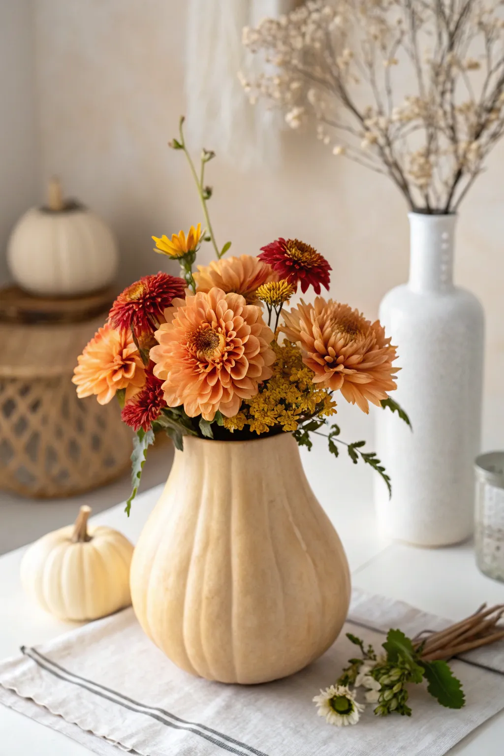 Transform a simple gourd into a stunning flower vase for a touch of autumn elegance.