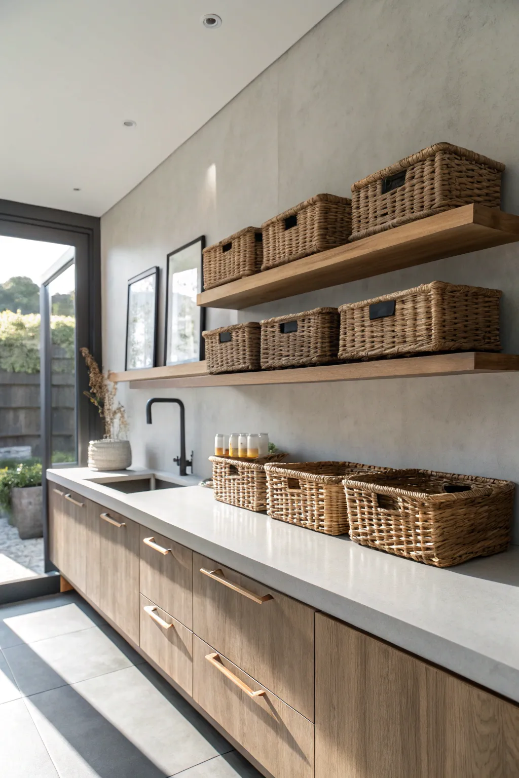 Elevate your kitchen storage game with chic floating shelves and baskets.