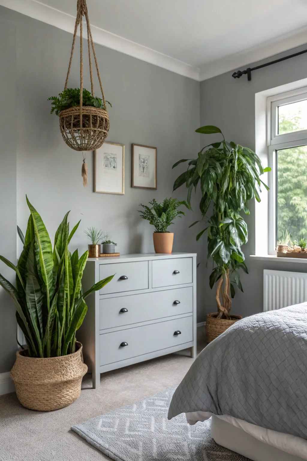 Greenery brings a refreshing touch to grey.