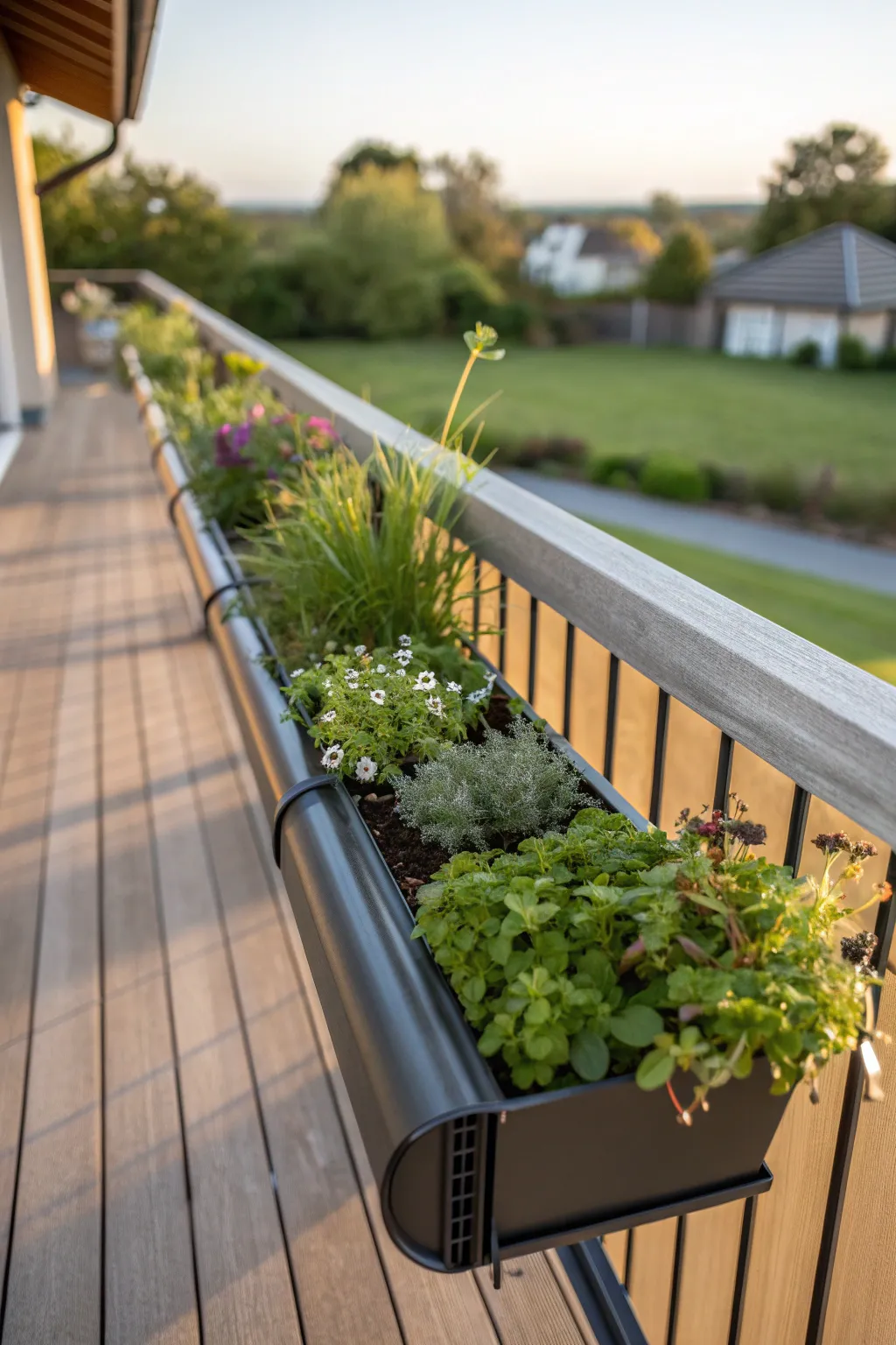 Elevate your deck with a sleek gutter garden: the perfect blend of style and greenery.