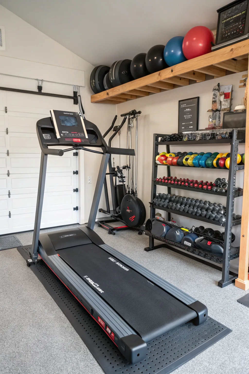 A folding treadmill maximizes space in a compact gym.