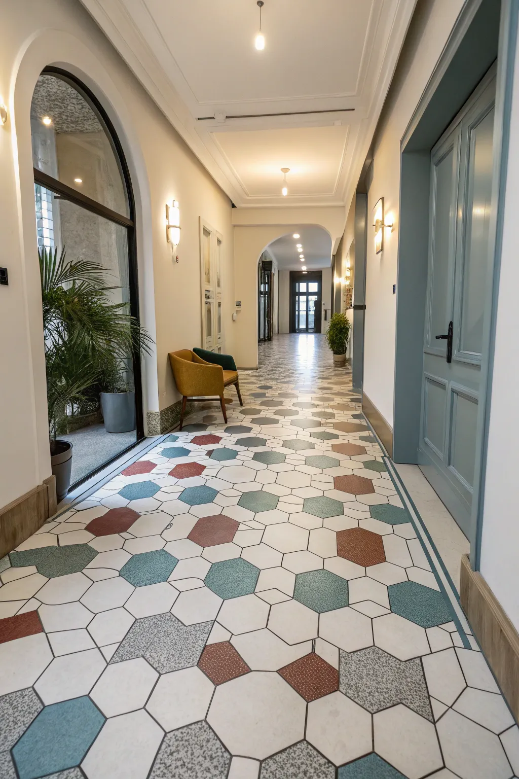 Hexagonal tiles offer a playful and unique look.