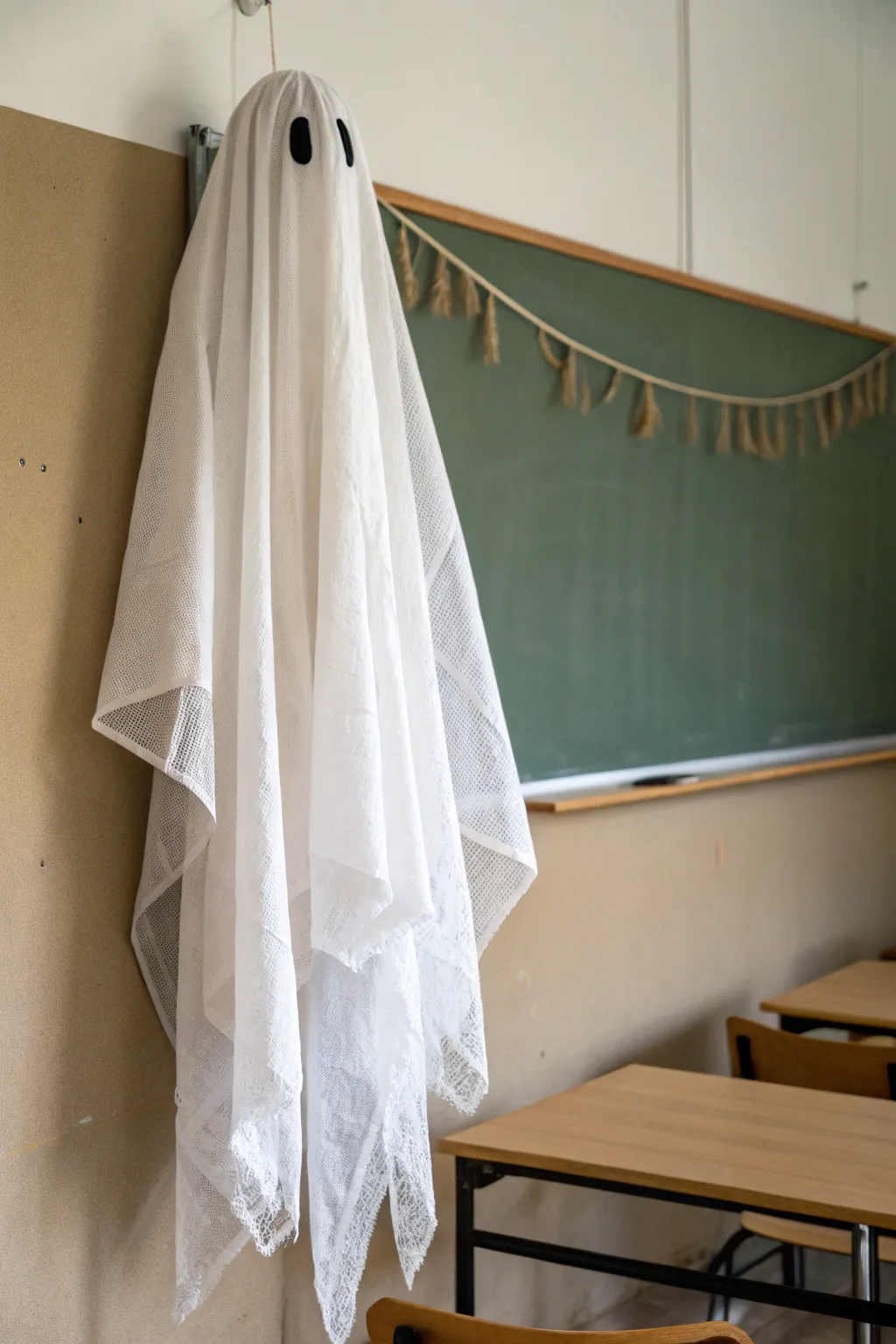 Ethereal elegance: Wax paper ghosts bring a touch of whimsy to classroom decor.