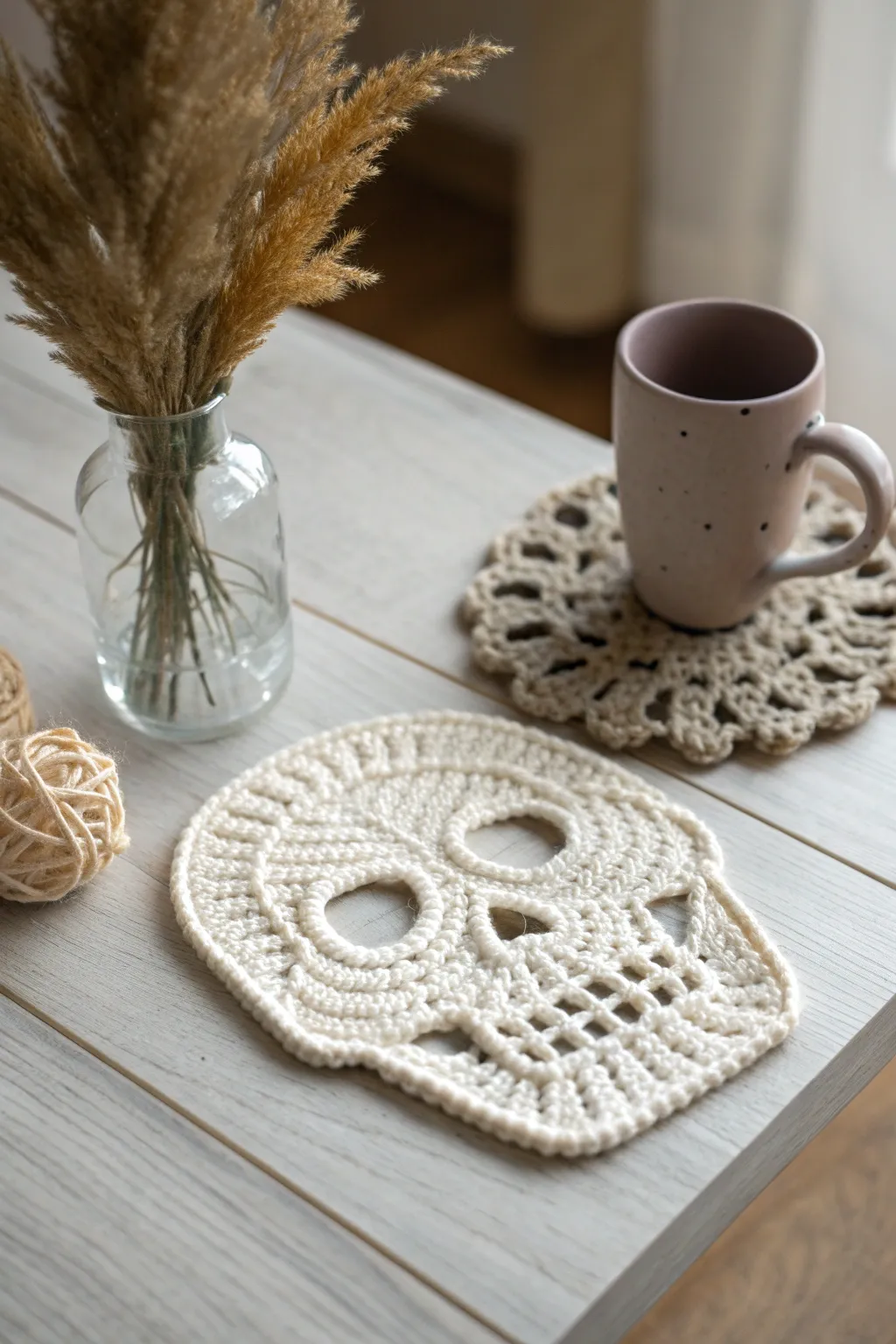 Elevate your Halloween with these charmingly eerie crochet skull coasters, perfect for a minimalist touch of spooky elegance.