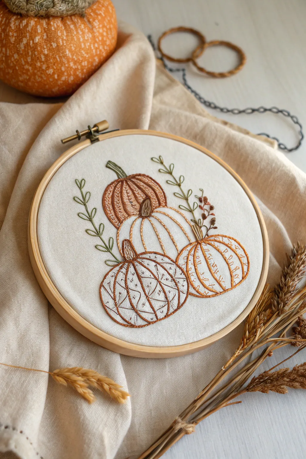Celebrate the harvest season with this charming pumpkin stack embroidery, perfect for adding a touch of fall warmth to your decor.
