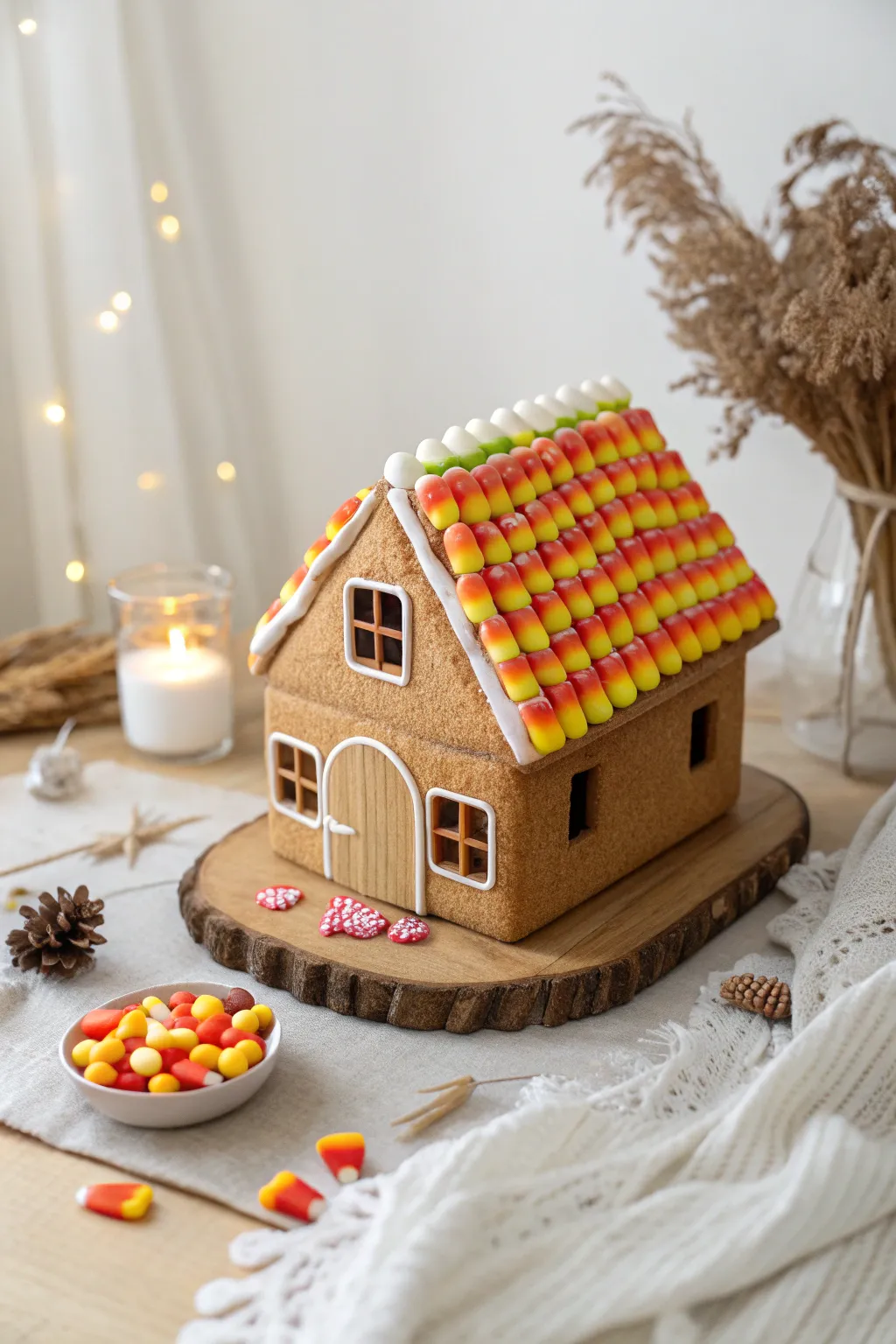 Add a sweet and festive touch to your Halloween with a candy corn roofed gingerbread house!