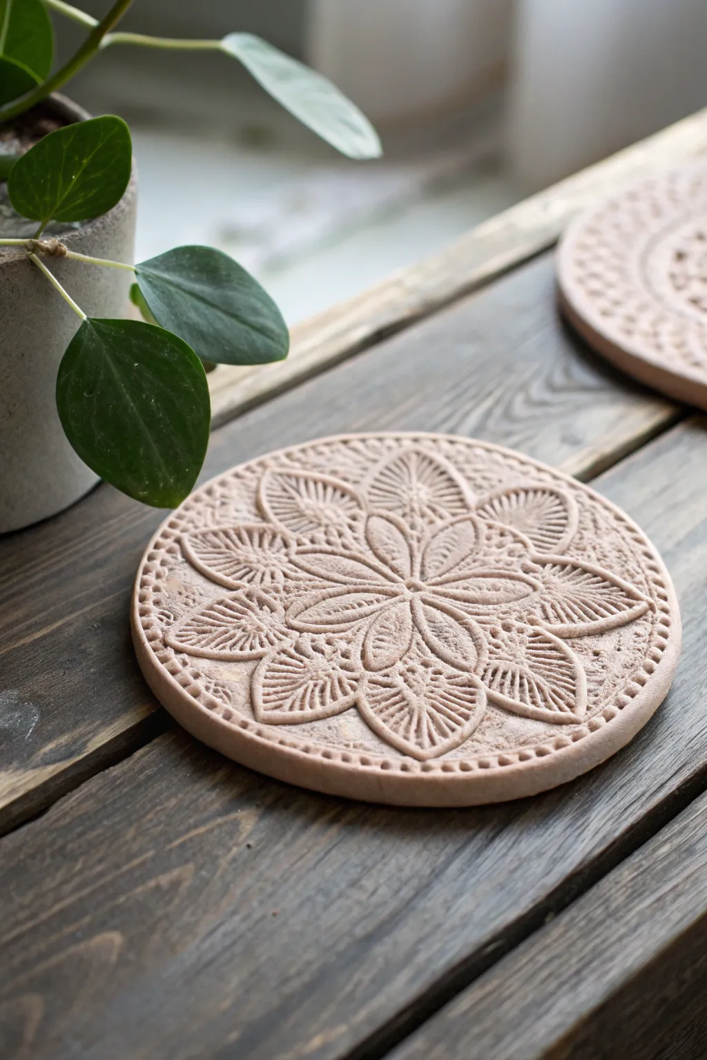 Embrace vintage elegance with a handmade clay coaster featuring pressed lace patterns.