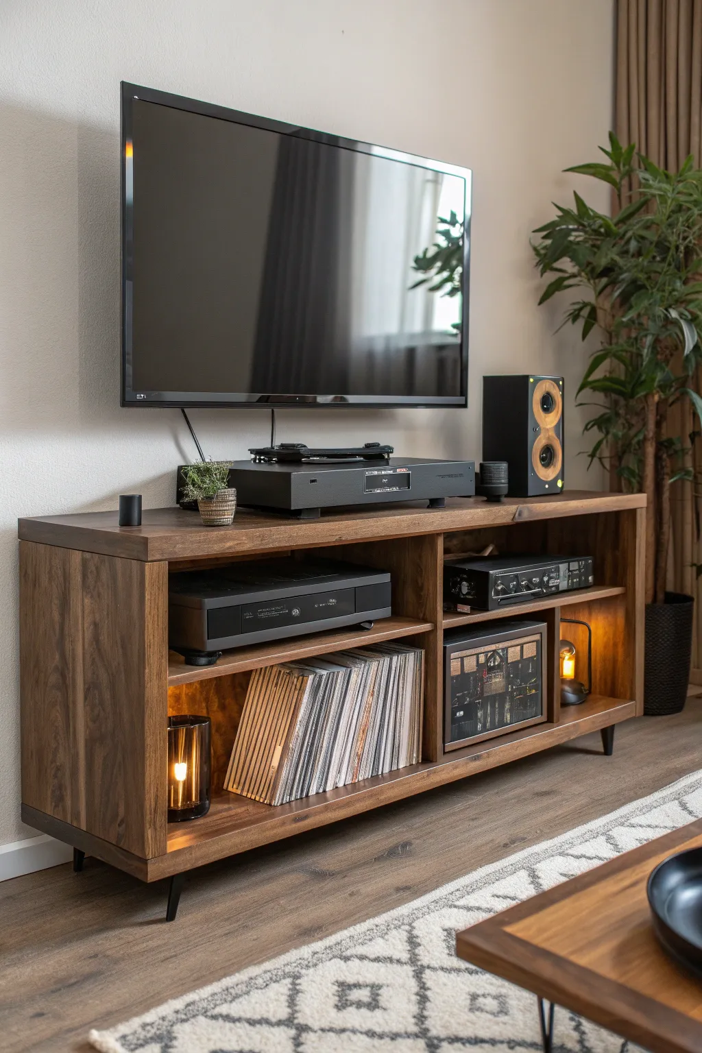 Elevate your living room with a stylish dual-tiered TV stand that combines functionality and elegance.