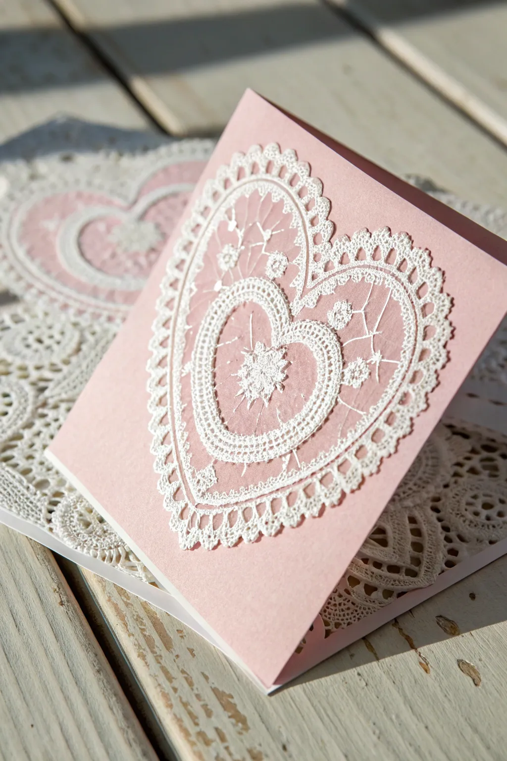 Embrace timeless romance with handcrafted lace details on your Valentine's Day card.