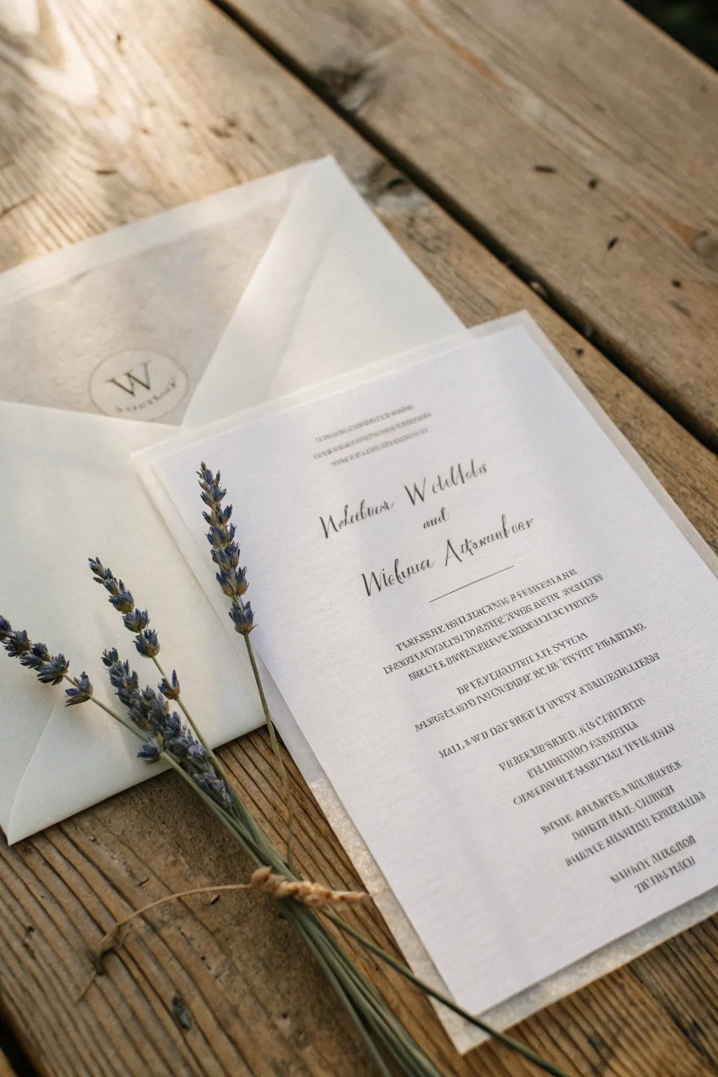 Elevate your wedding invites with minimalist vellum overlays for a touch of boho elegance.