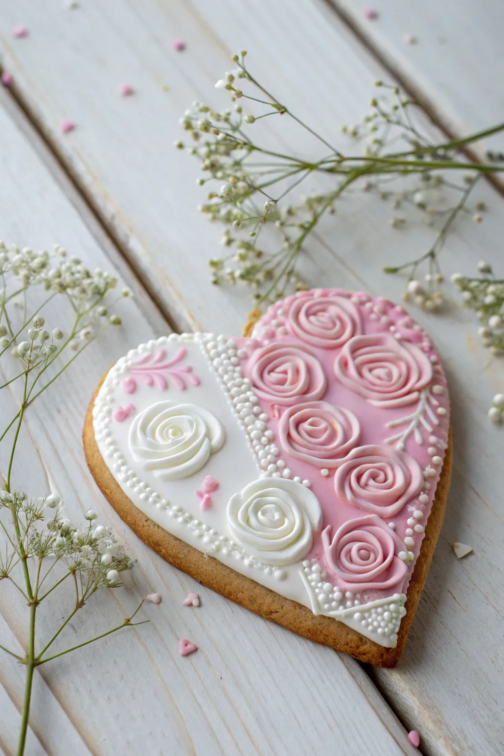 Enchant your senses with the romantic allure of these beautifully crafted rose heart cookies.