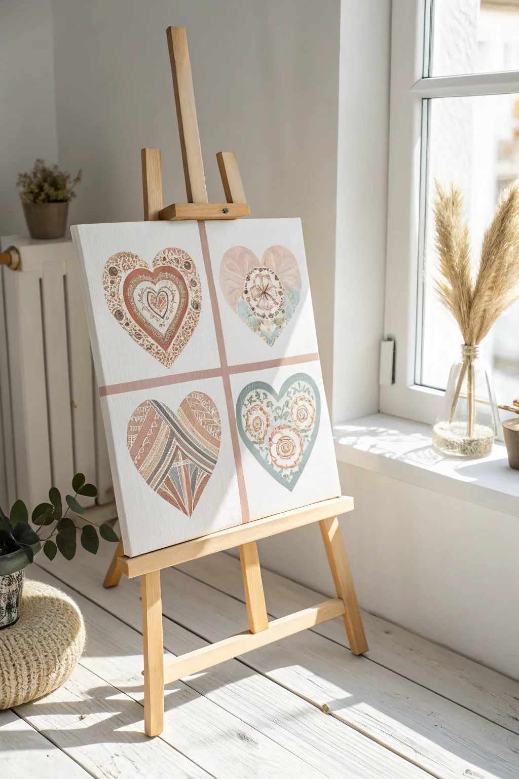 Embrace simplicity and creativity with this charming patchwork heart painting. Perfectly blending Scandinavian minimalism with a boho flair.