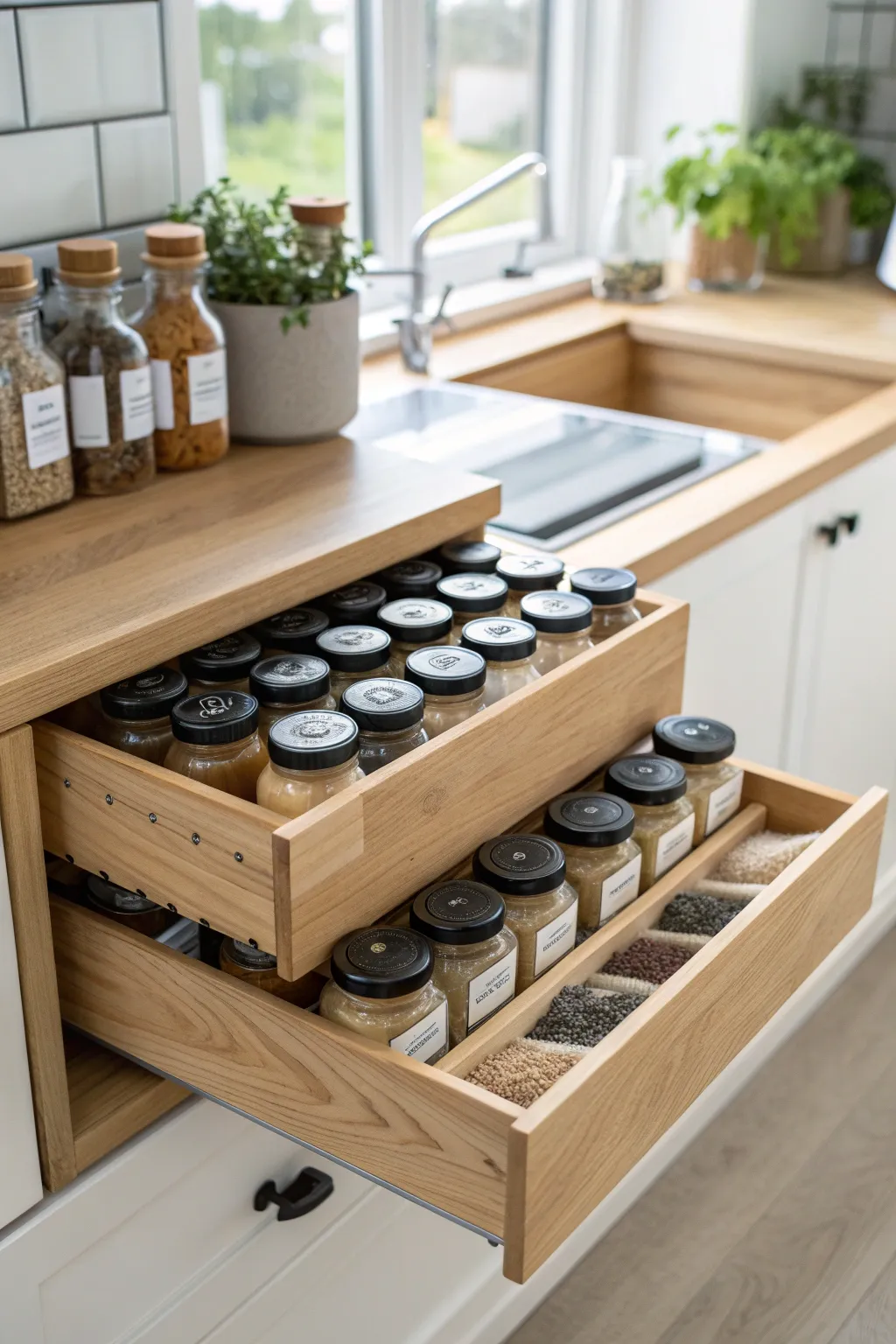 Discover the elegance of organization with this tiered spice drawer solution – where simplicity meets style in your kitchen.