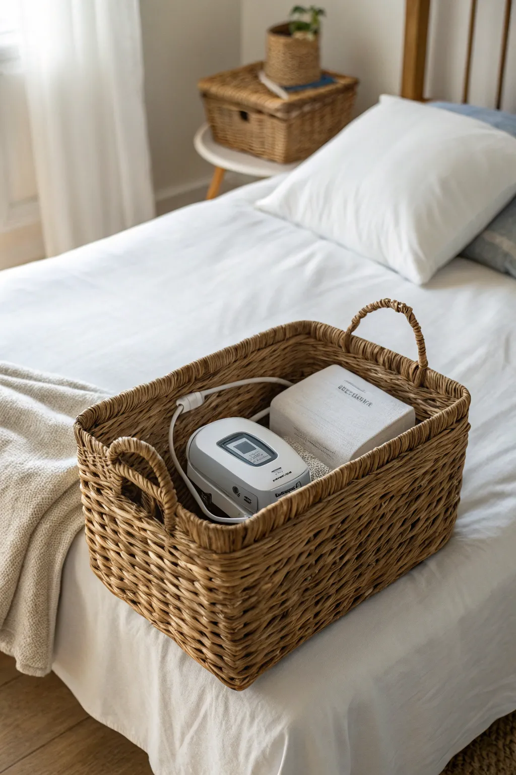 A cozy wicker basket adds charm while hiding the CPAP machine.