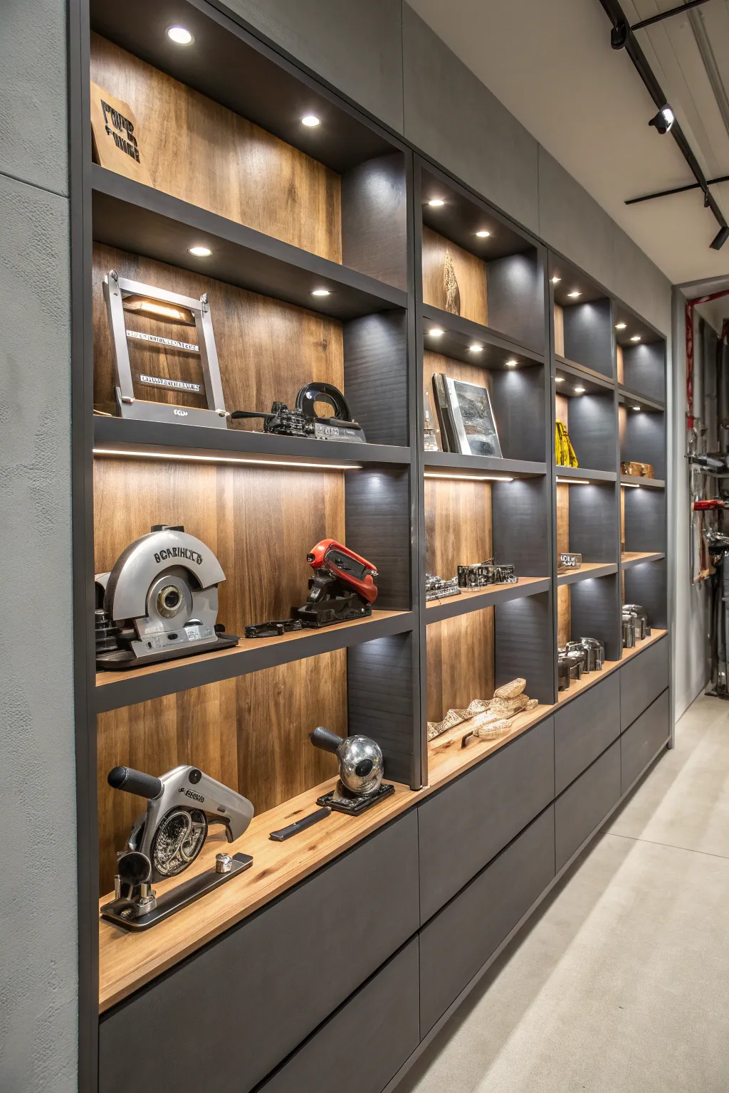 Transform your workshop into a sleek gallery with recessed shelving for your tools.