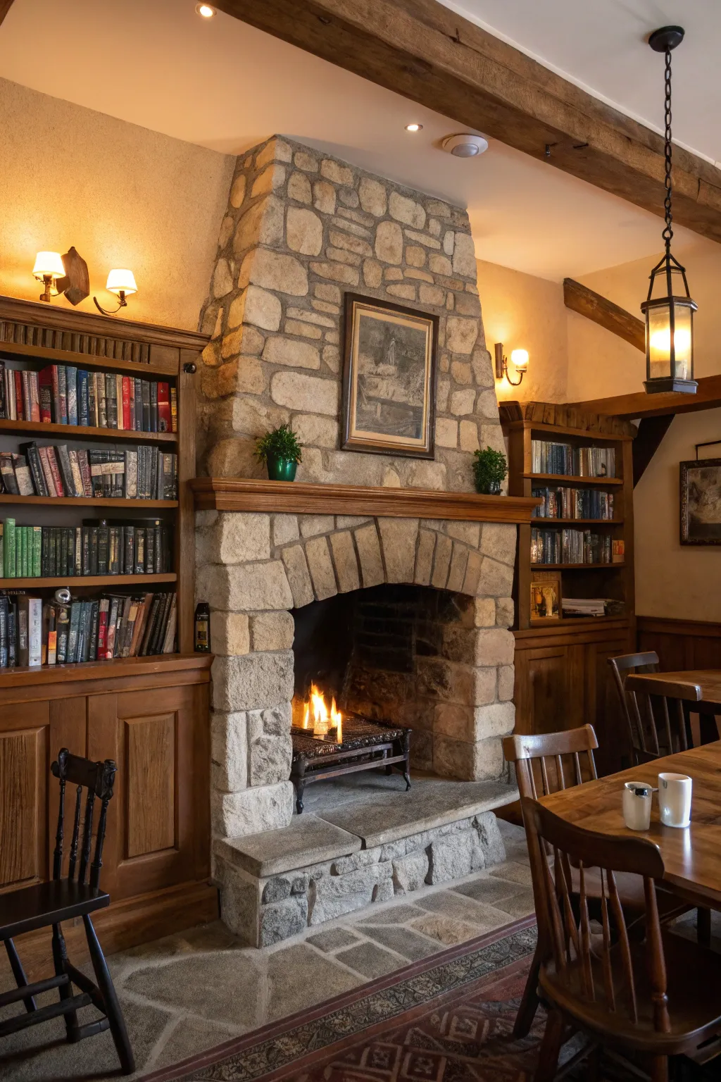 A stone fireplace serves as a warm, inviting focal point.
