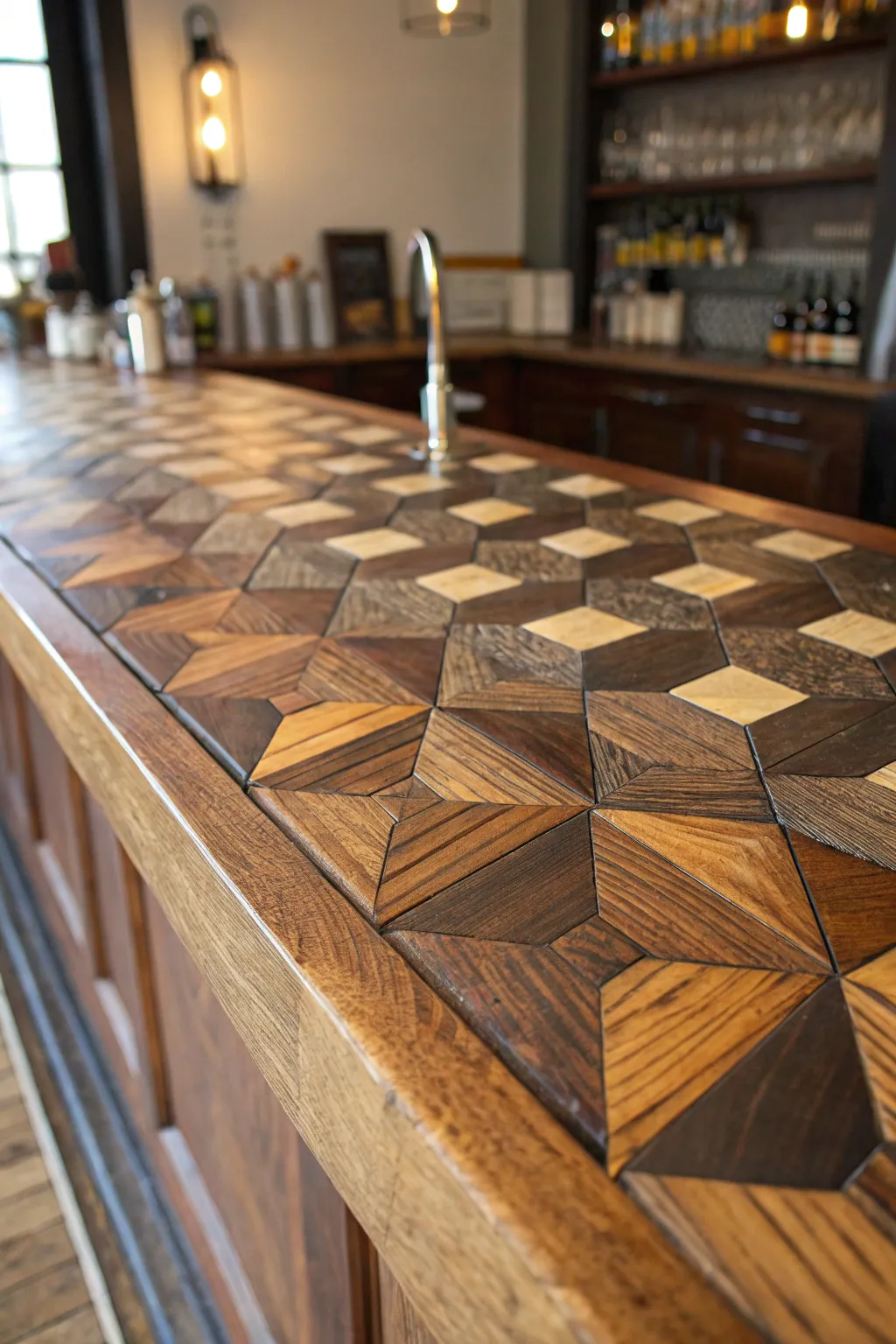 Elevate your home bar with a striking geometric wood pattern masterpiece.