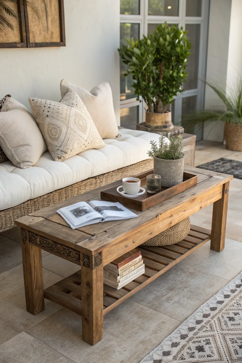 Transform your space with a rustic garden bench coffee table, perfect for intimate gatherings and charming decor.